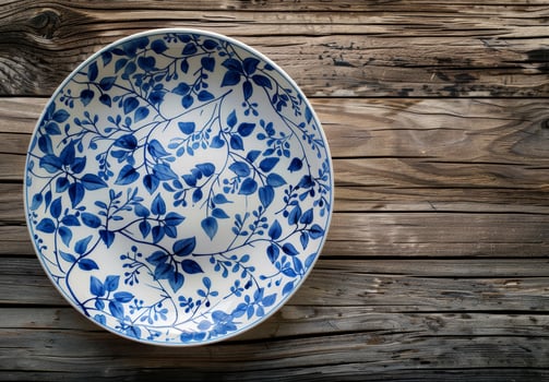 Decorative ceramic plate with blue floral pattern on wooden background photo