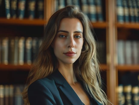 Thoughtful woman in library photo