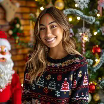Smiling woman in front of Christmas tree photo