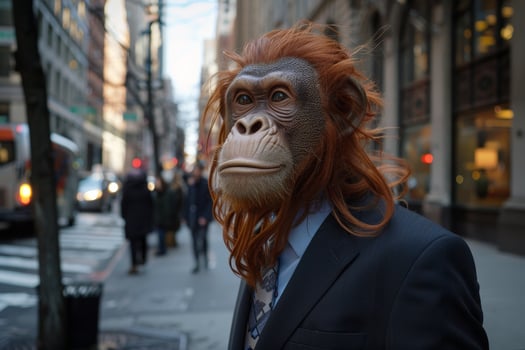 Primate in business attire on city street photo