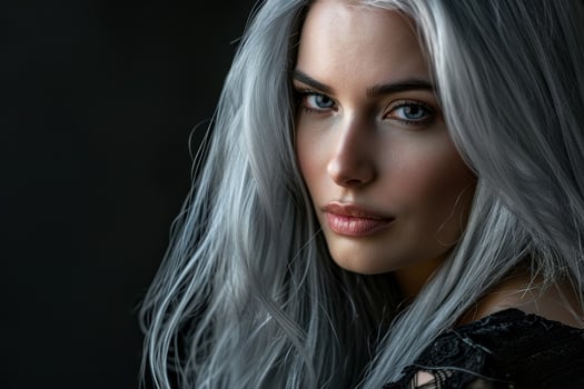 Striking portrait of a woman with striking silver hair photo