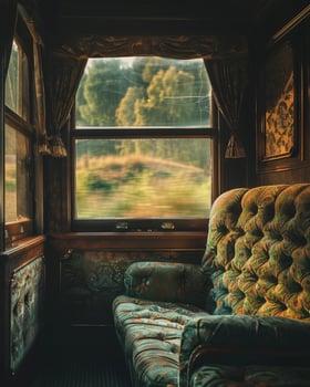 Vintage Train Interior with Scenic View Through Window photo
