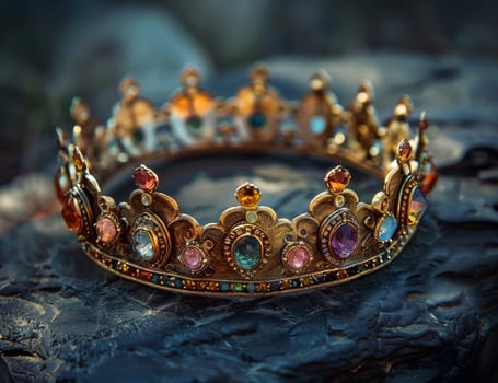 Elegant royal crown adorned with colorful gemstones on a textured surface photo