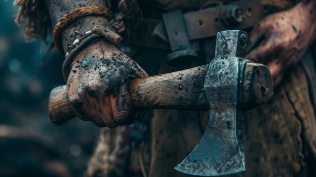 Medieval warrior holding an axe in a battle ready stance photo