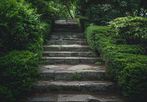 Serene Garden Pathway with Stone Steps Surrounded by Lush Greenery photo