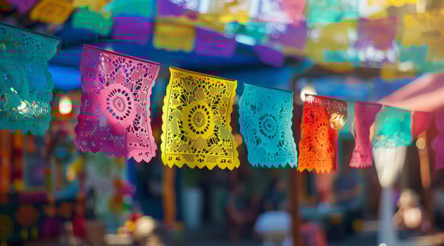 Colorful traditional paper cuttings at a festive outdoor market photo
