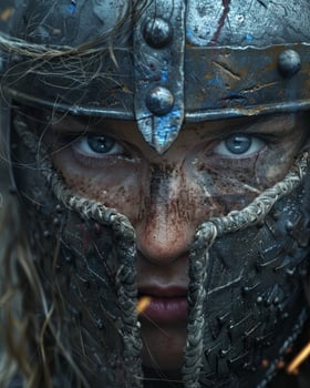 Intense warrior woman in battle helmet photo