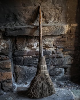 Old broom leaning against a rustic brick wall photo