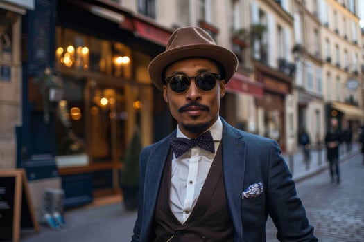 Stylish man in a hat posing on a city street photo