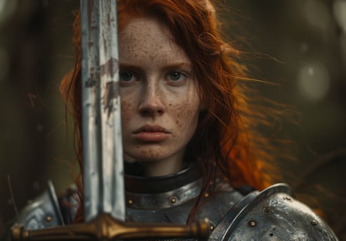 Red haired warrior woman holding a sword in a mystical forest photo