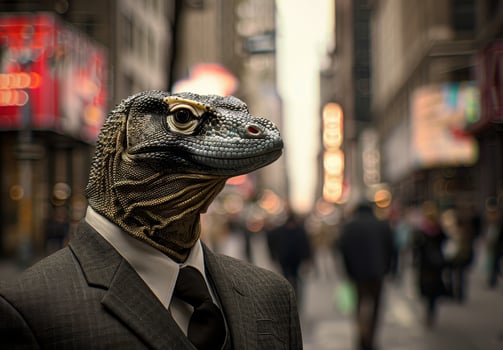 Surreal portrait of a lizard headed businessman in a bustling city street photo