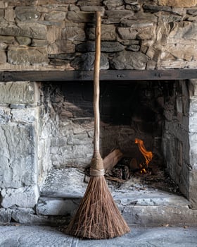 Traditional broom in front of a rustic stone fireplace photo