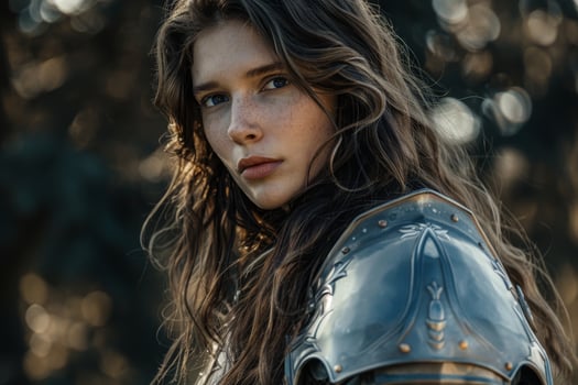 Young female warrior in medieval armor posing in a mystical forest photo