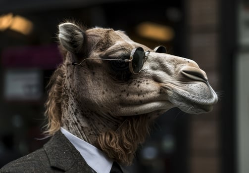 Stylish camel in sunglasses and suit posing in urban setting photo