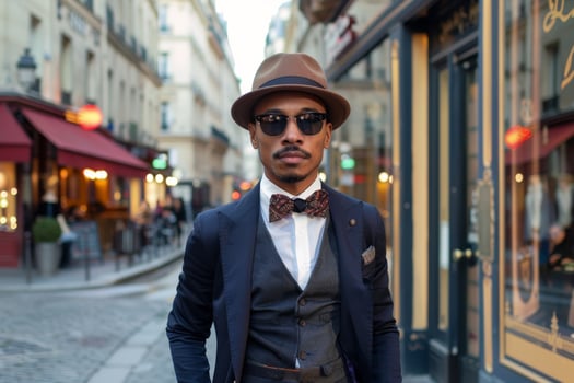 Stylish man in suit and hat standing on a city street photo