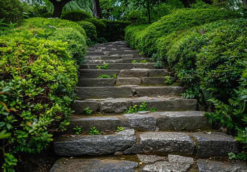Stone steps winding through a lush green garden photo