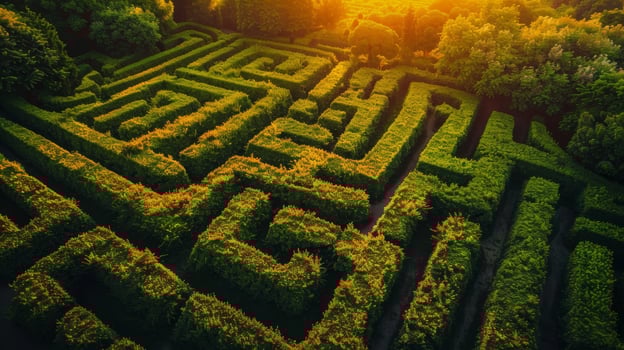 Aerial View of a Lush Green Hedge Maze at Sunset photo