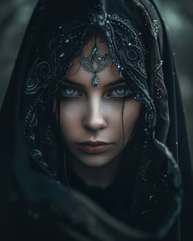 Mysterious woman in a dark, embellished hood photo