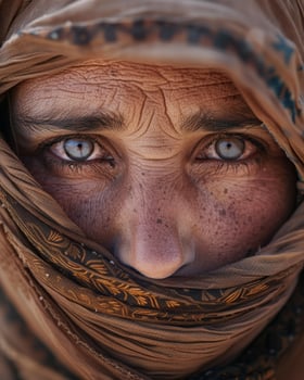 Intense gaze of a person with a weathered face partially covered by a patterned scarf photo
