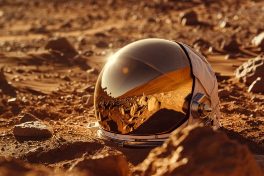 Astronaut helmet reflecting rocky terrain on a distant planet photo