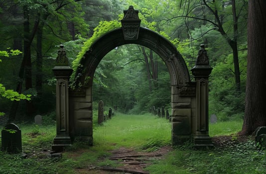 Mystical Forest Archway Leading to an Old Cemetery photo