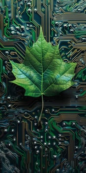 Green leaf on a circuit board representing eco friendly technology photo