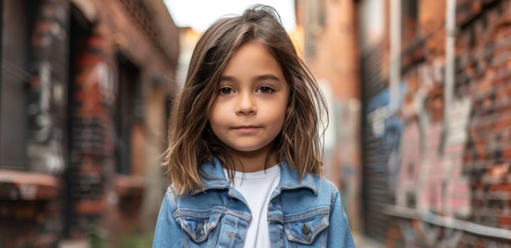Young girl in denim jacket standing in an urban alley photo