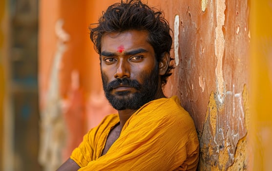 Portrait of a man with intense gaze leaning against an orange wall photo