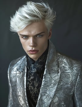 Stylish young man with platinum blonde hair in elegant silver jacket photo