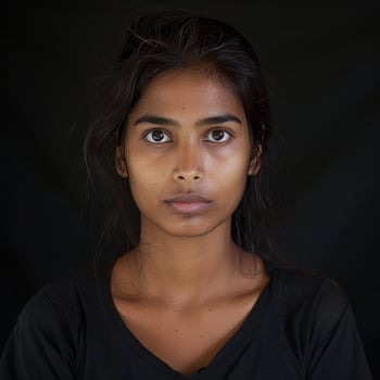 Portrait of a young woman with a thoughtful expression against a dark background photo
