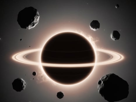 Glowing planet with fiery rings and surrounding asteroids. photo