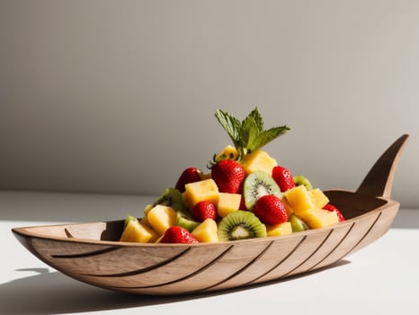 Pineapple boat filled with tropical fruit salsa. photo