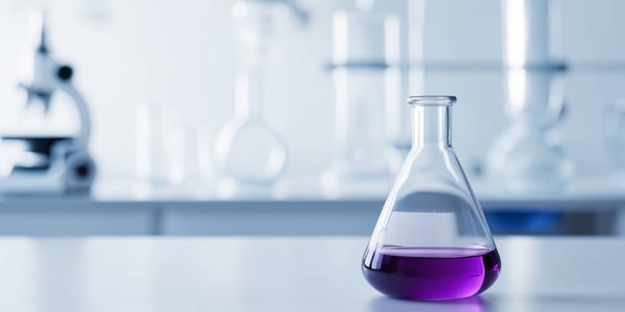 purple glass flask in blue research chemistry science banner laboratory background. photo