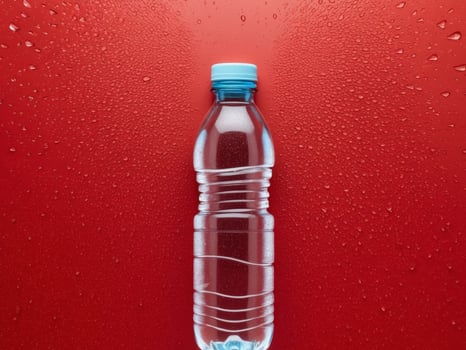 Plastic Water Bottle on a Red Background with Water Drops. photo