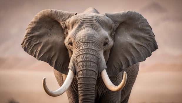 Curved tusked bull elephant facing camera. photo