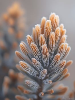 Frost Covered Pine Cone Close Up with Detailed Texture and Warm Tones Against a Soft Background, Highlighting Natural Beauty in Wintertime photo
