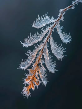 Delicate Frost-covered Branch with Intricate Ice Crystals Captured Against a Soft Dark Background, Showcasing Nature's Winter Elegance and Beauty photo
