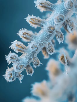Close-Up View of Intricate Frost Patterns on a Branch, Showcasing Nature's Artistic Creations in Beautiful Ice Details and Delicate Textures photo