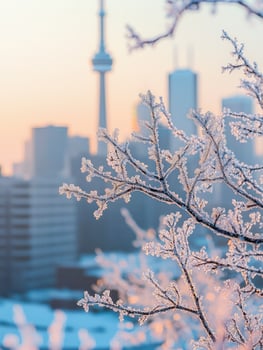 Frosty Branches with Ice Crystals Overlooking a City Skyline at Dawn, Capturing the Beauty of Winter in an Urban Landscape with the CN Tower in View photo