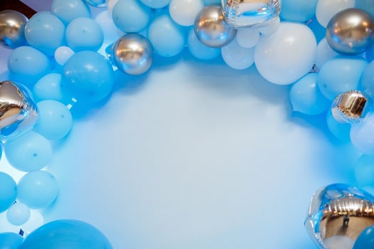 Photo zone with balloons. Boy's birthday decor. Festive decoration. Balloons. Childrens party background. Festive photo zone in blue.