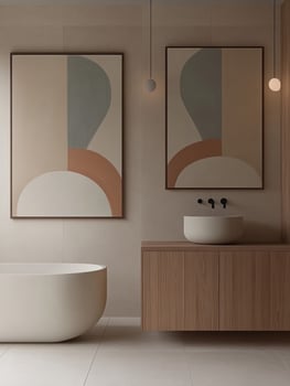 Modern bathroom with minimalist design and artistic decor photo