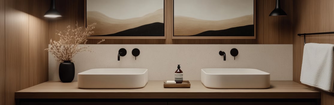 Elegant bathroom with dual sinks and modern decor design photo