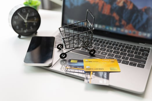 Effective marketing in e-business drives commerce by encouraging online shopping, where customers fill their carts and make purchases during sales, all within vast expanse of cyberspace. idea, pay photo