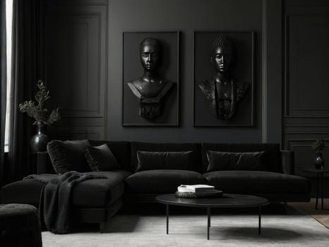 Dark Living Room Decor Featuring Black Sculptures photo