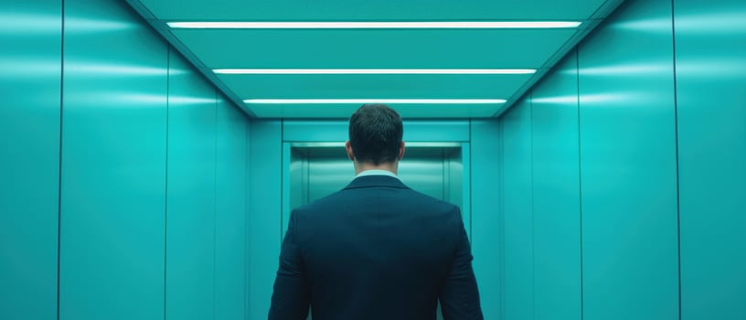 A businessman stands in a modern elevator, contemplating his journey. photo