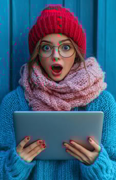 A woman in a red hat and scarf holding a tablet photo