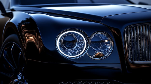 Elegant close-up of a glowing headlight from a luxury car with open copy space photo