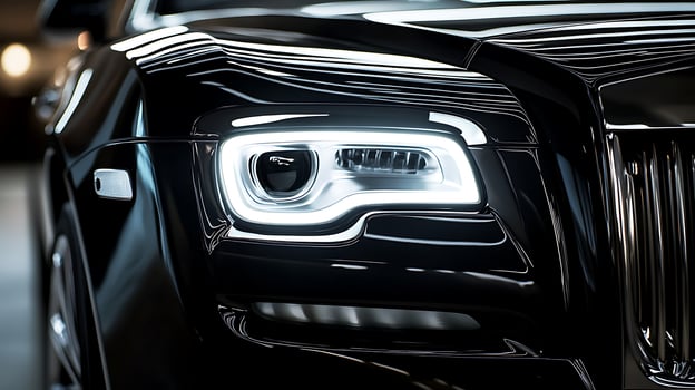Luxury car front light close-up with glowing detail and ample copy space for design photo