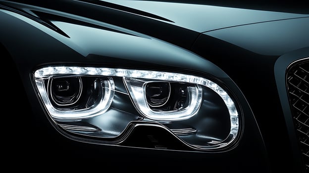Enhance your design with a glowing luxury car headlight close-up and open copy space photo