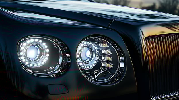 Luxury car sleek headlight and front light design with captivating copy space photo